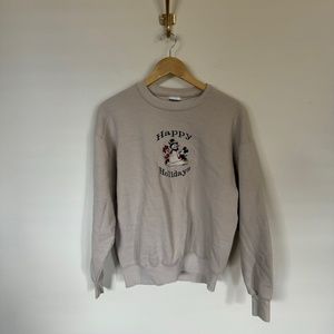 Jerzees Sweatshirt Women's MD Beige Embroidered Holiday Christmas Mickey Minnie